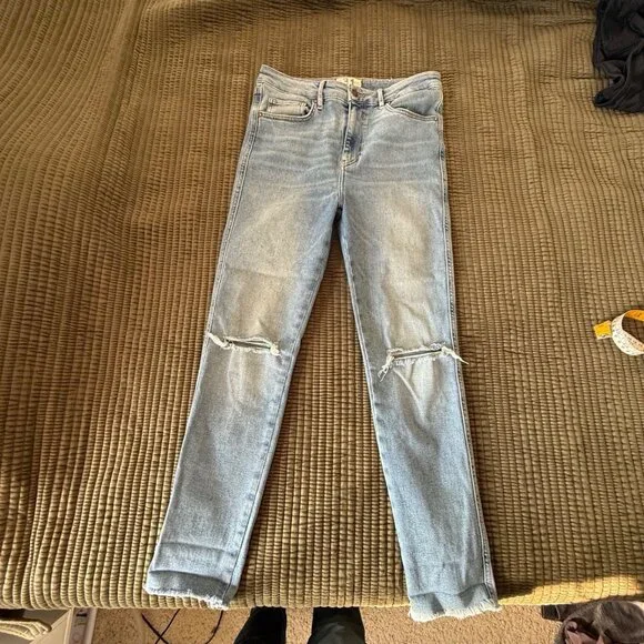 We The Free Anthropologie Light Wash High Rise Raw Hem Skinny Jeans Sz 31 - Picture 9 of 14